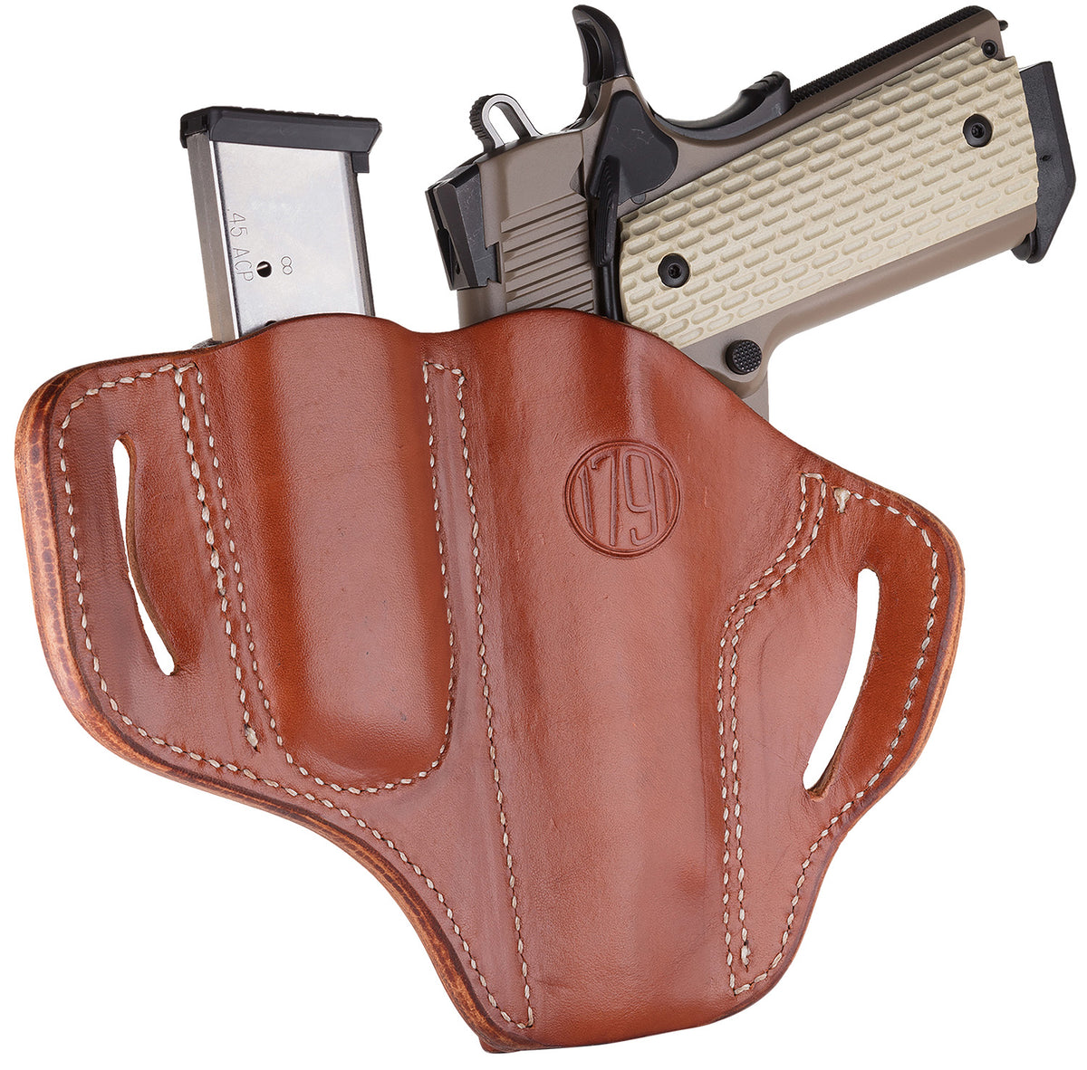 1791 Gunleather BH1M1 Combo OWB Holster Size 01 Classic Brown Leather Slide Fits 1911 4 to 5 Inch with Mag Holder Right Hand