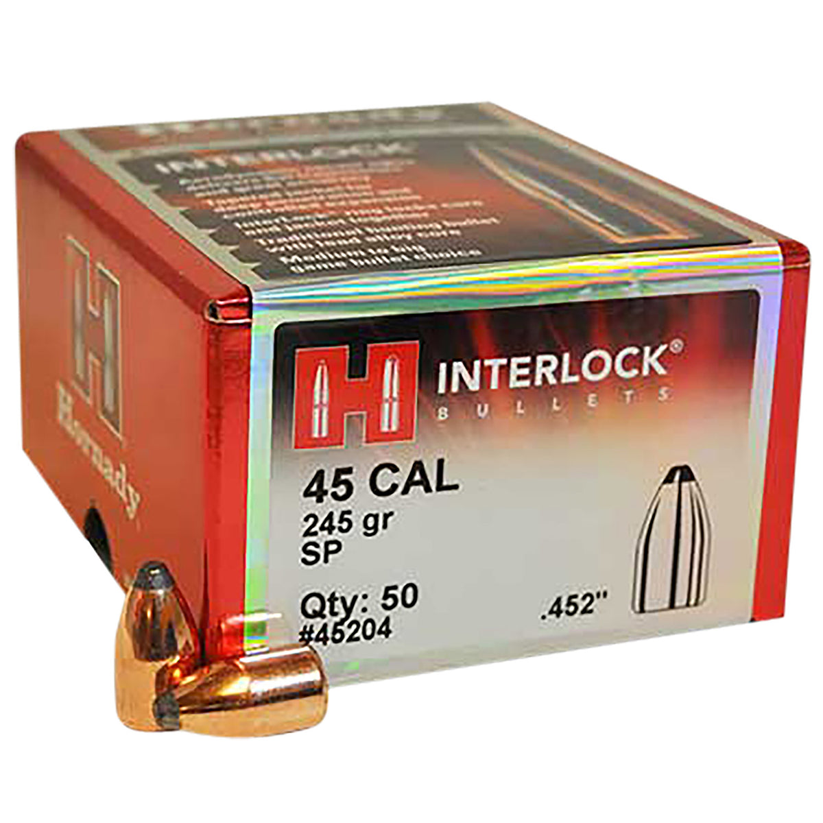 Hornady InterLock 45 Cal .452 Diameter 245 Grain Spire Point Bullets 50 Per Box
