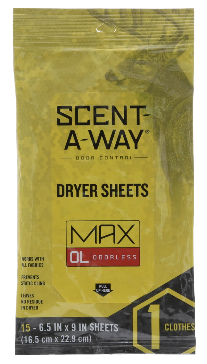 Scent-A-Way 07707 Max Odor Eliminator Dryer Sheets Odorless Scent 15 Sheets
