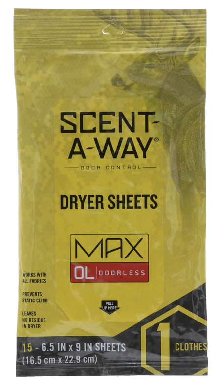 Scent-A-Way 07707 Max Odor Eliminator Dryer Sheets Odorless Scent 15 Sheets