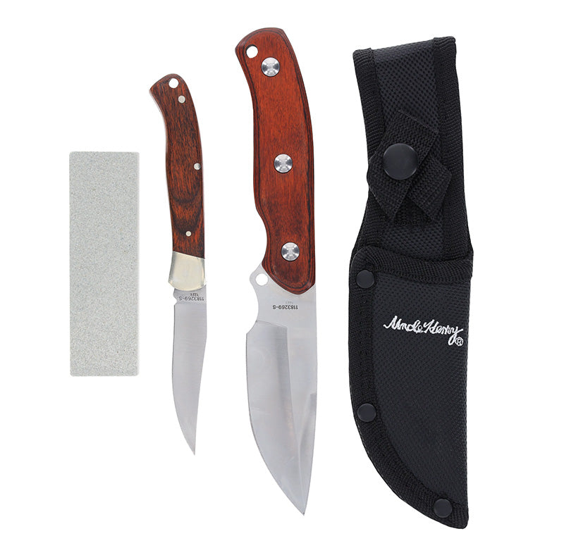 Uncle Henry 2 Knife Set Fixed Blade Folder Parka Wood Handle Sharpening Stone