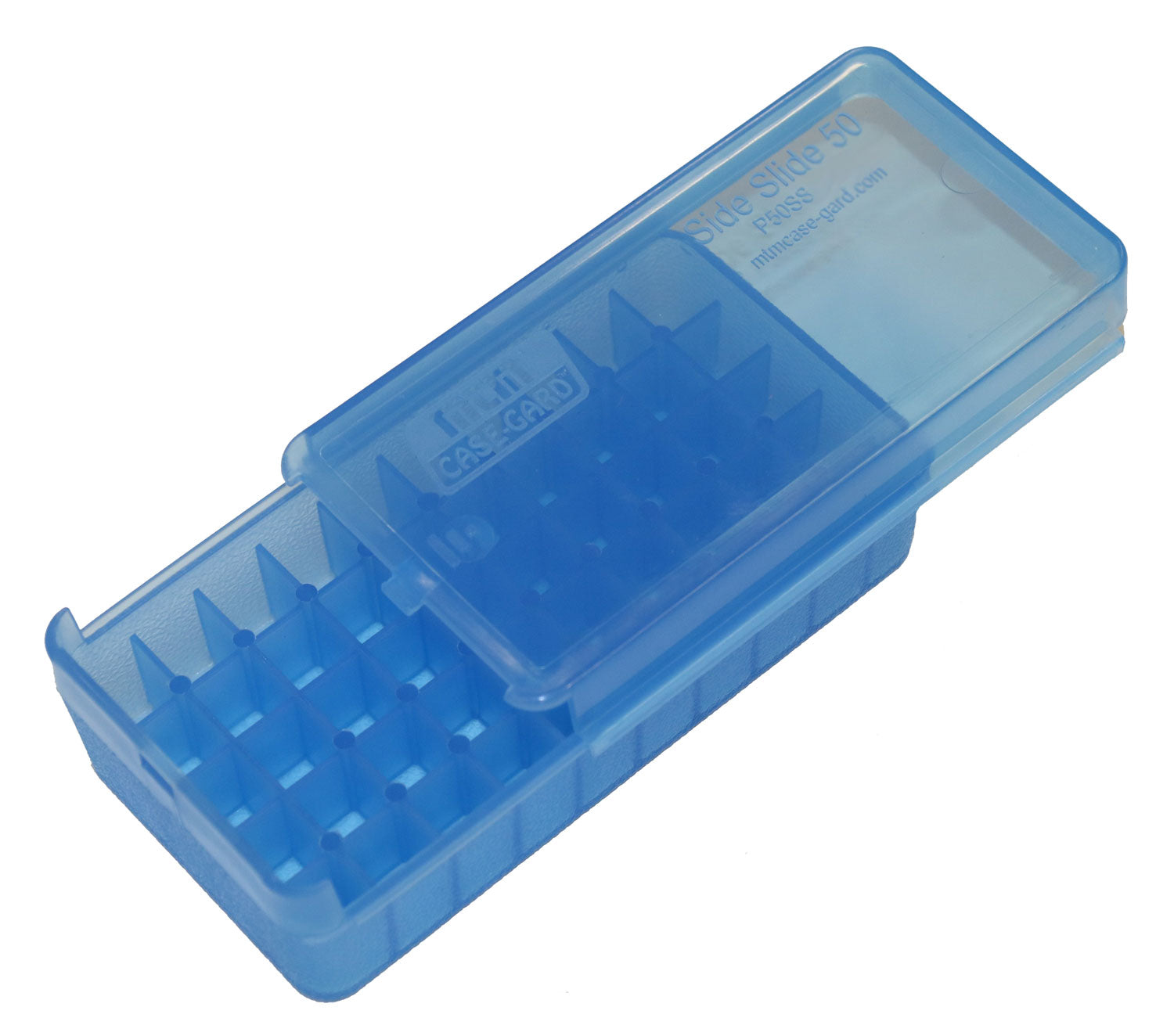 MTM P50SS4524 Side-Slide Ammo Box Multi-Caliber Handgun Clear Blue Plastic 50 Round