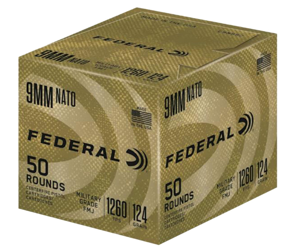 Federal 9mm Luger / Parabellum Military Grade 124 grain Full Metal Jacket ammunition