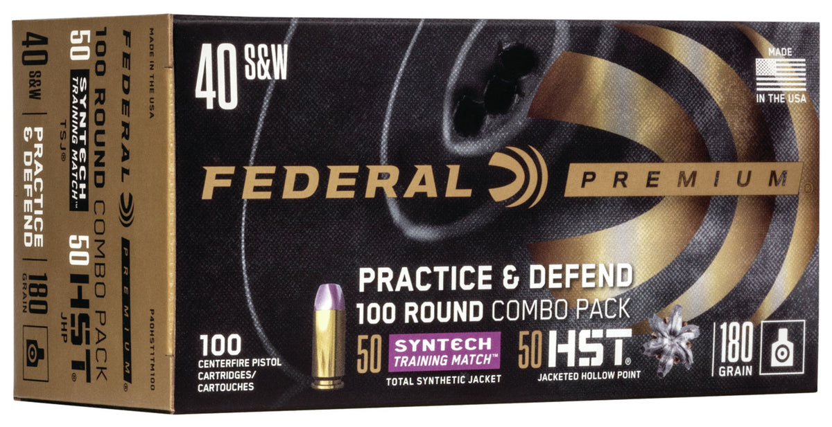 Federal .40 S&W Premium Defense Syntech Practice & Defend 180 grain HST JHP/Syntech TSJ ammunition