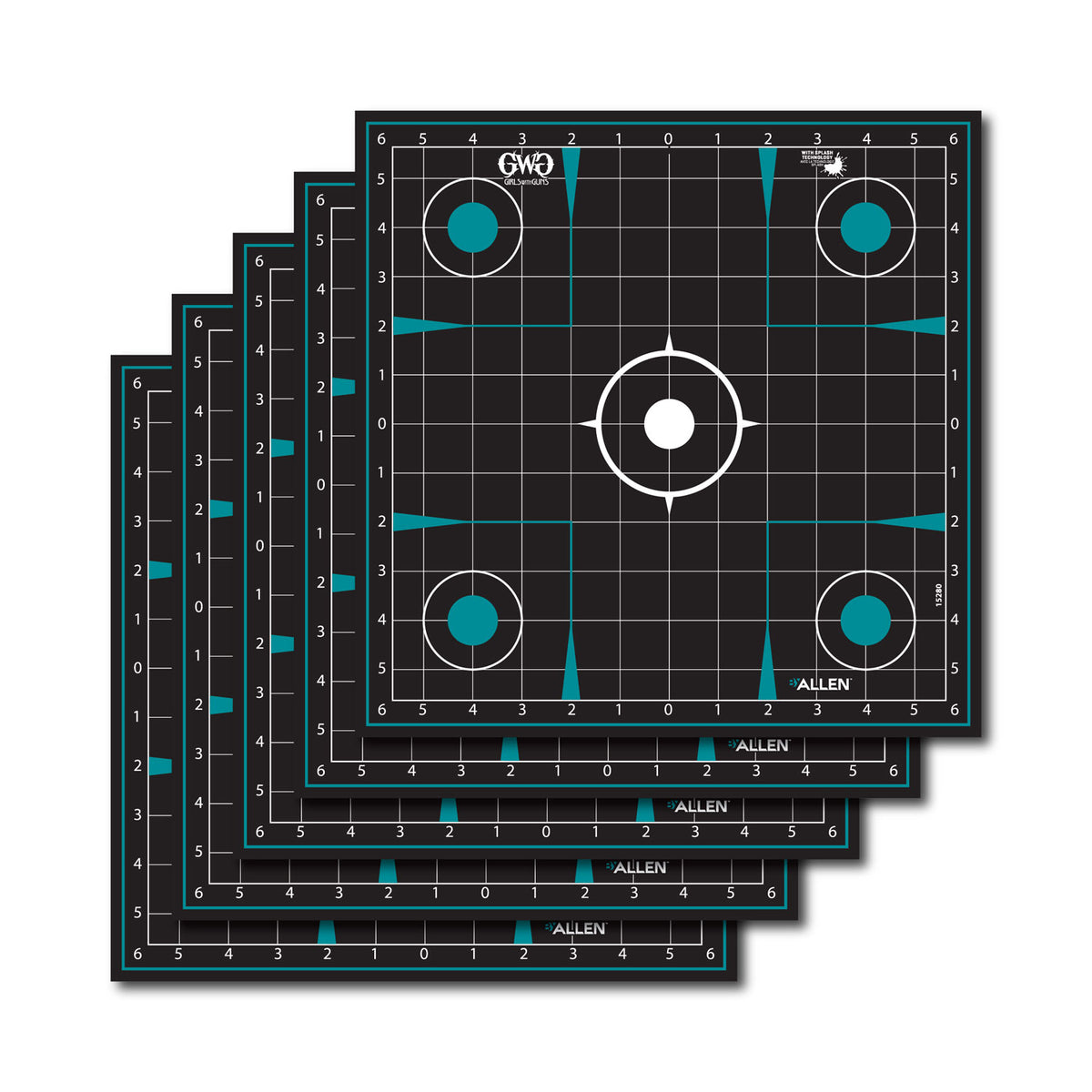 Girls With Guns 15280 Splash Adhesive Grid Paper Target Black/Teal 5-Pack 12"x12"