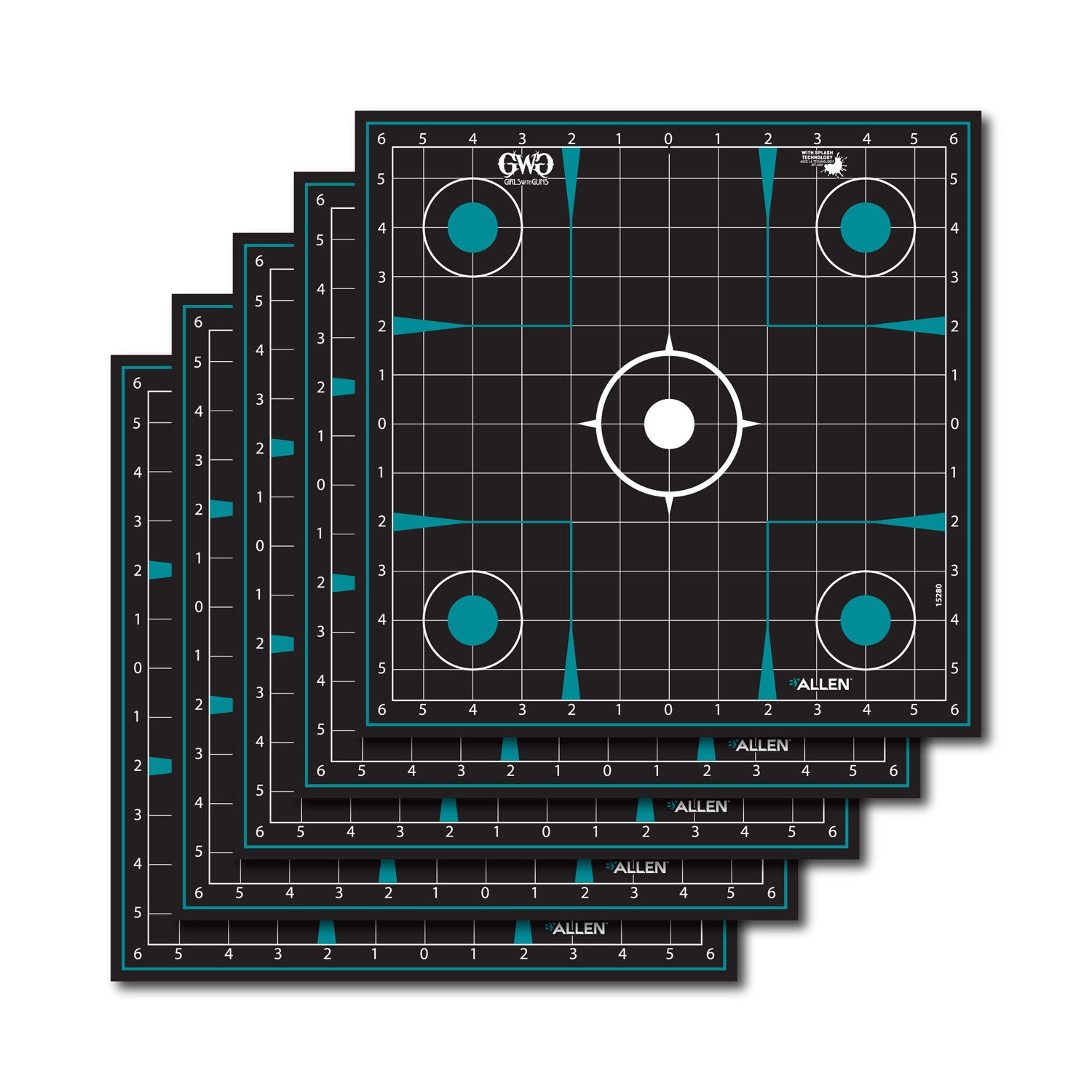 Girls With Guns 15280 Splash Adhesive Grid Paper Target Black/Teal 5-Pack 12"x12"