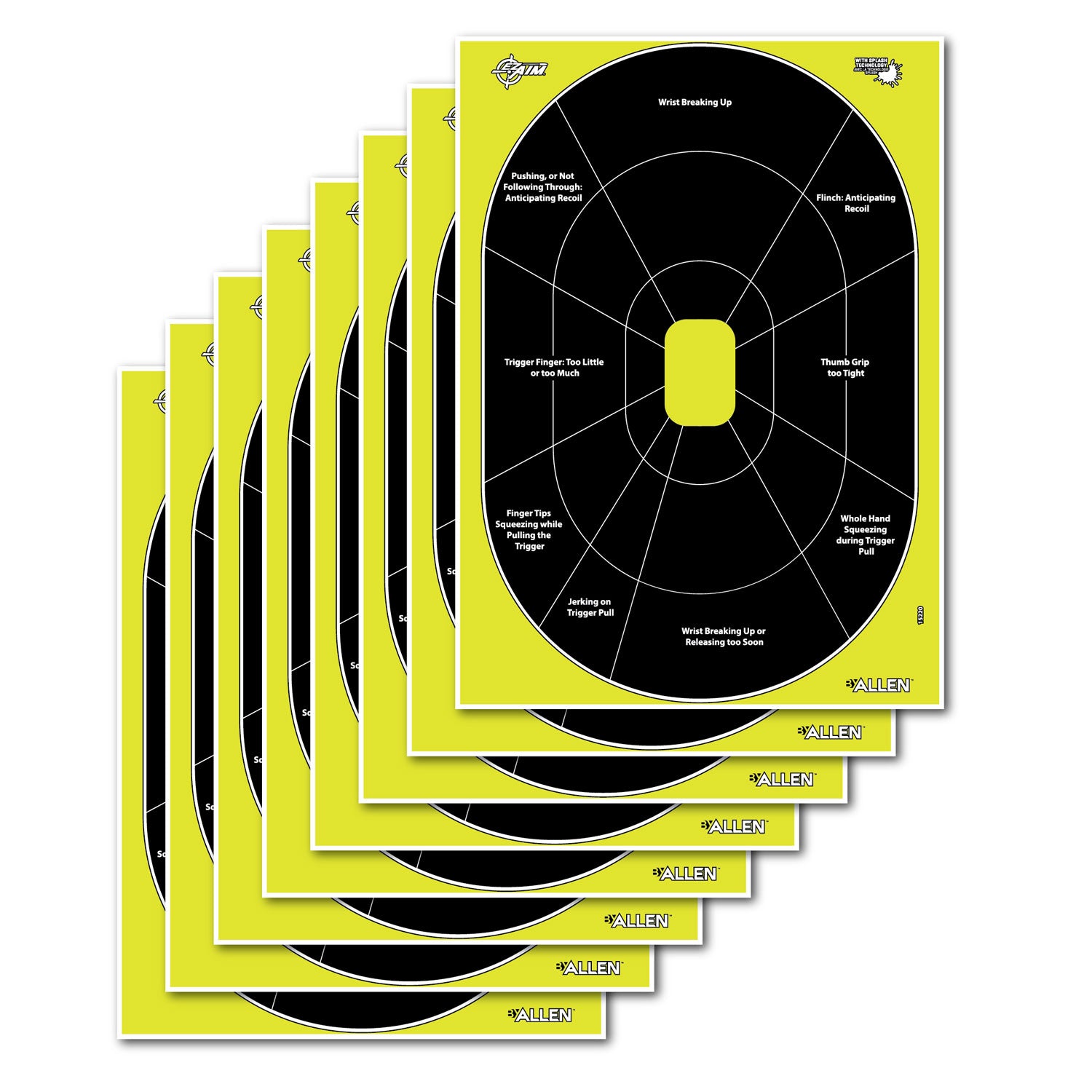 EZ-Aim 15220 Reactive Hanging Oval Handgun Paper Targets, 12" x 18", Black/Yellow, 8-Pack