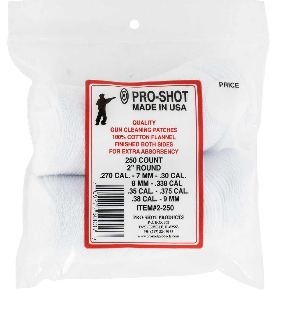Pro-Shot 2250 250-Pack .270-.38 Cal 2" Round Cotton Flannel Cleaning Patches