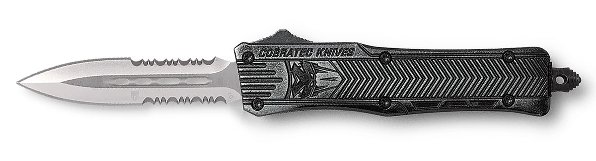CobraTec CTK-1 2.75" OTF Part Serrated Dagger D2 Steel Stonewashed Aluminum Handle with Glass Breaker and Pocket Clip