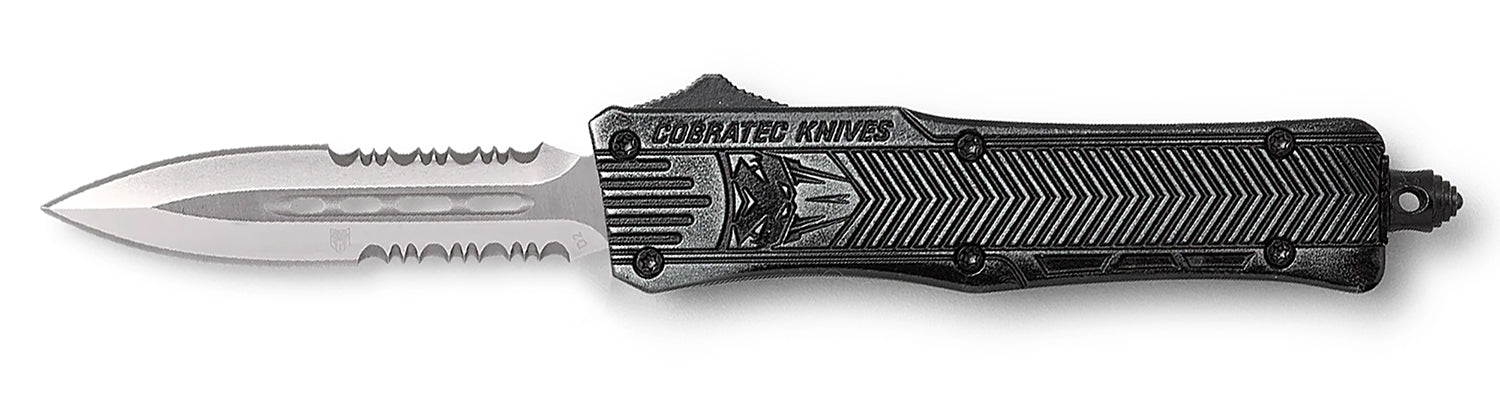 CobraTec CTK-1 2.75" OTF Part Serrated Dagger D2 Steel Stonewashed Aluminum Handle with Glass Breaker and Pocket Clip