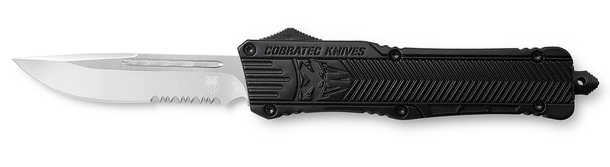 CobraTec CTK-1 Large 3.75" OTF Part Serrated Drop Point D2 Steel Black Aluminum Handle with Glass Breaker and Pocket Clip