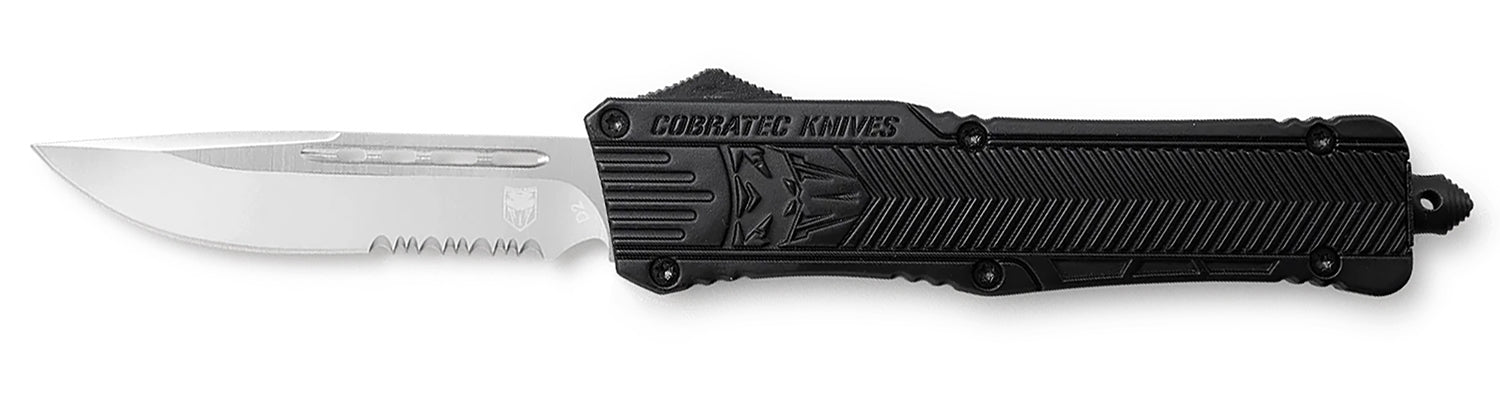 CobraTec CTK-1 Large 3.75" OTF Part Serrated Drop Point D2 Steel Black Aluminum Handle with Glass Breaker and Pocket Clip