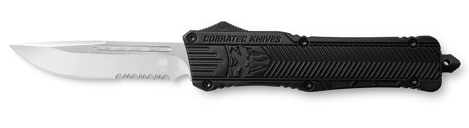 CobraTec CTK-1 Large 3.75" OTF Part Serrated Drop Point D2 Steel Black Aluminum Handle with Glass Breaker and Pocket Clip