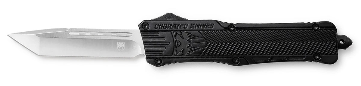 CobraTec CTK-1 Large 3.25" OTF Tanto D2 Steel Black Aluminum Handle with Glass Breaker and Pocket Clip