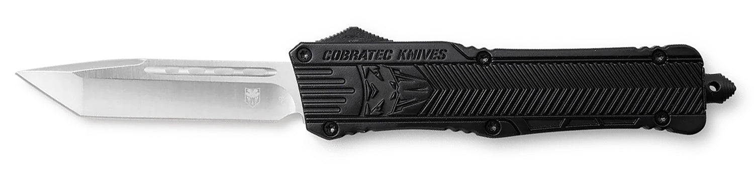 CobraTec CTK-1 Large 3.25" OTF Tanto D2 Steel Black Aluminum Handle with Glass Breaker and Pocket Clip