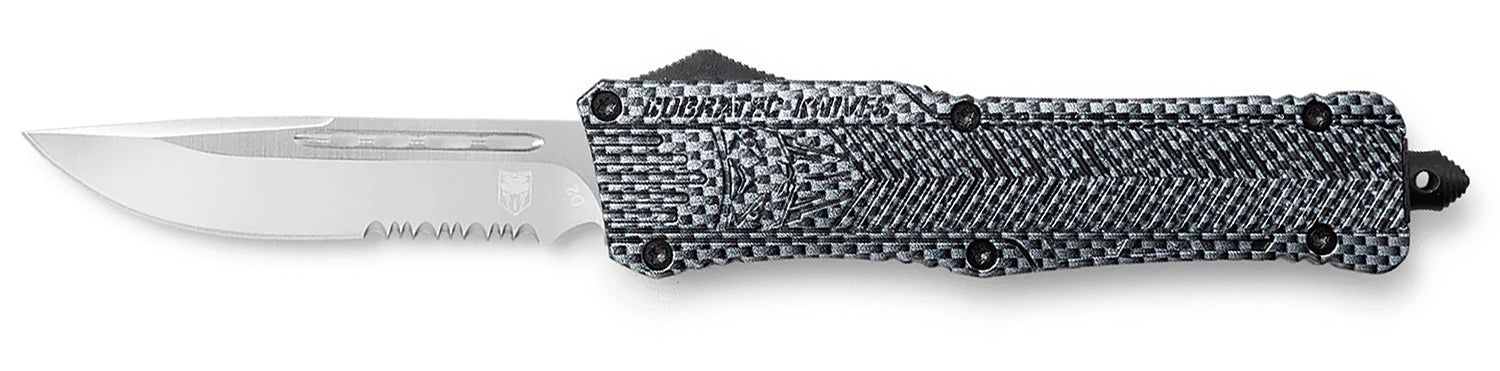 CobraTec CTK-1 Large OTF 3.75" Drop Point Partially Serrated D2 Steel Carbon Fiber Handle Includes Glass Breaker