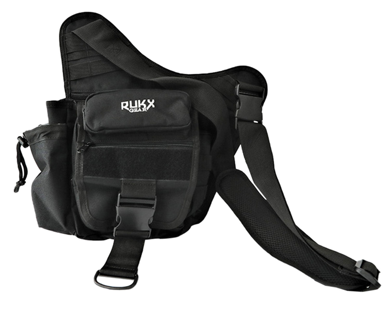 Rukx Gear Single Strap Sling Bag ATICTSBB Black 600D Polyester with Drink Pouch
