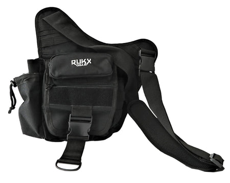 Rukx Gear Single Strap Sling Bag ATICTSBB Black 600D Polyester with Drink Pouch