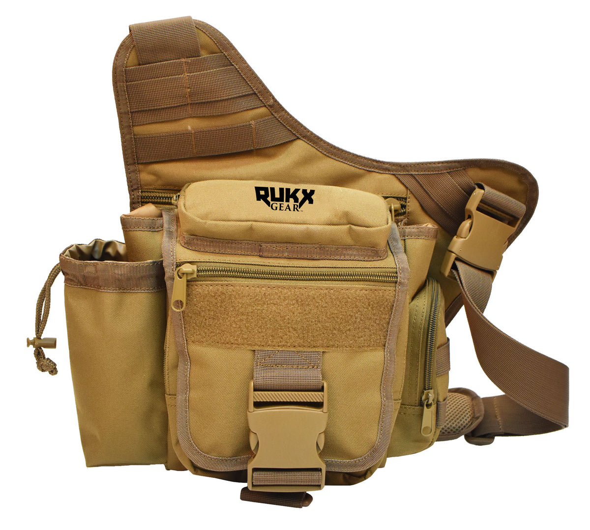 Rukx Gear Single Strap Sling Bag ATICTSBT Tan 600D Polyester with Drink Pouch