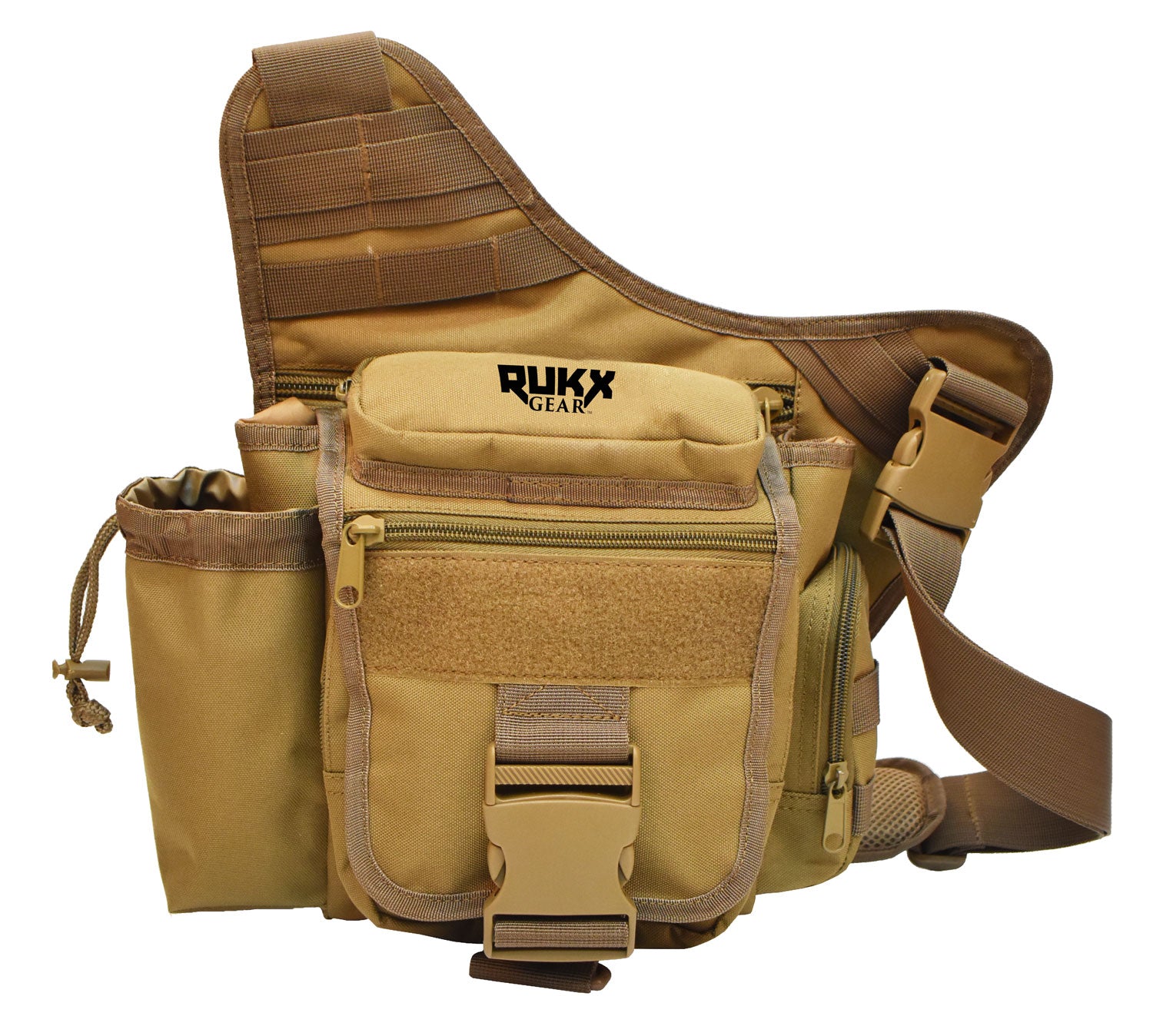 Rukx Gear Single Strap Sling Bag ATICTSBT Tan 600D Polyester with Drink Pouch