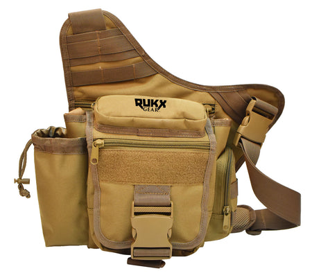 Rukx Gear Single Strap Sling Bag ATICTSBT Tan 600D Polyester with Drink Pouch