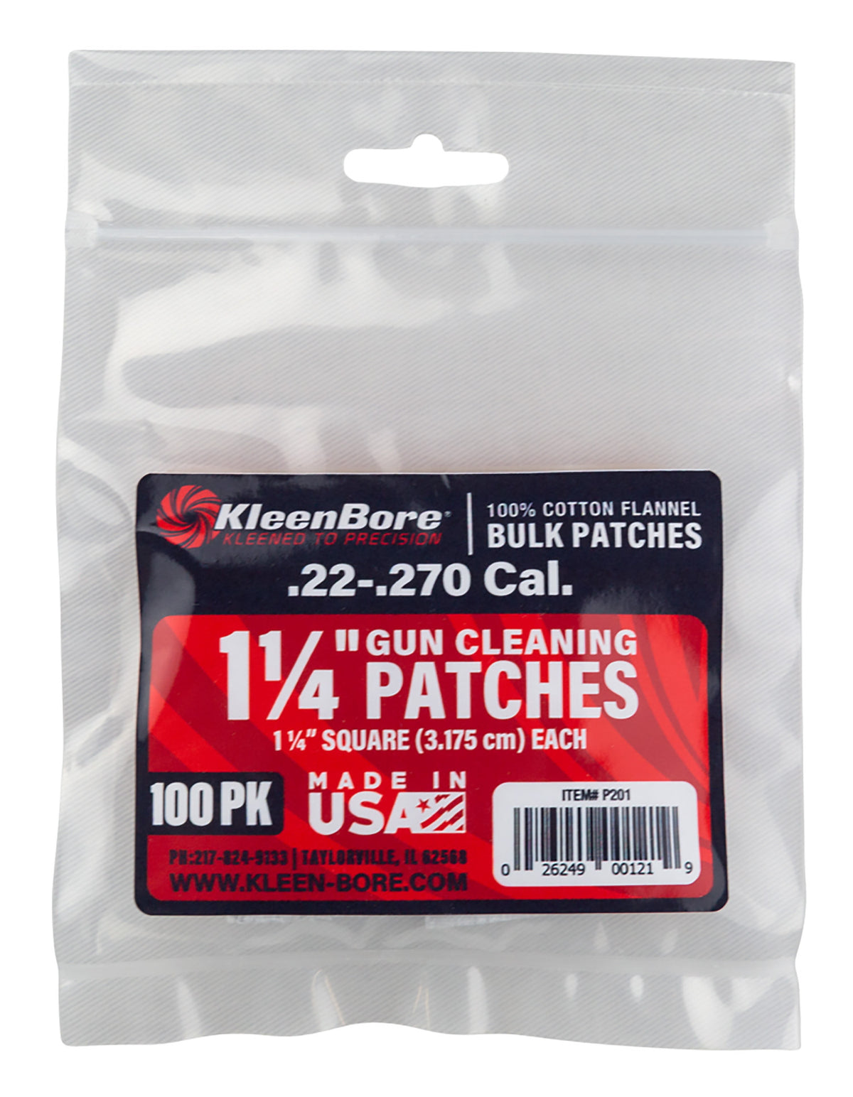 KleenBore P201 Super Shooter Cleaning Patches .22-.270 Cal 100% Cotton Flannel 100-Pk