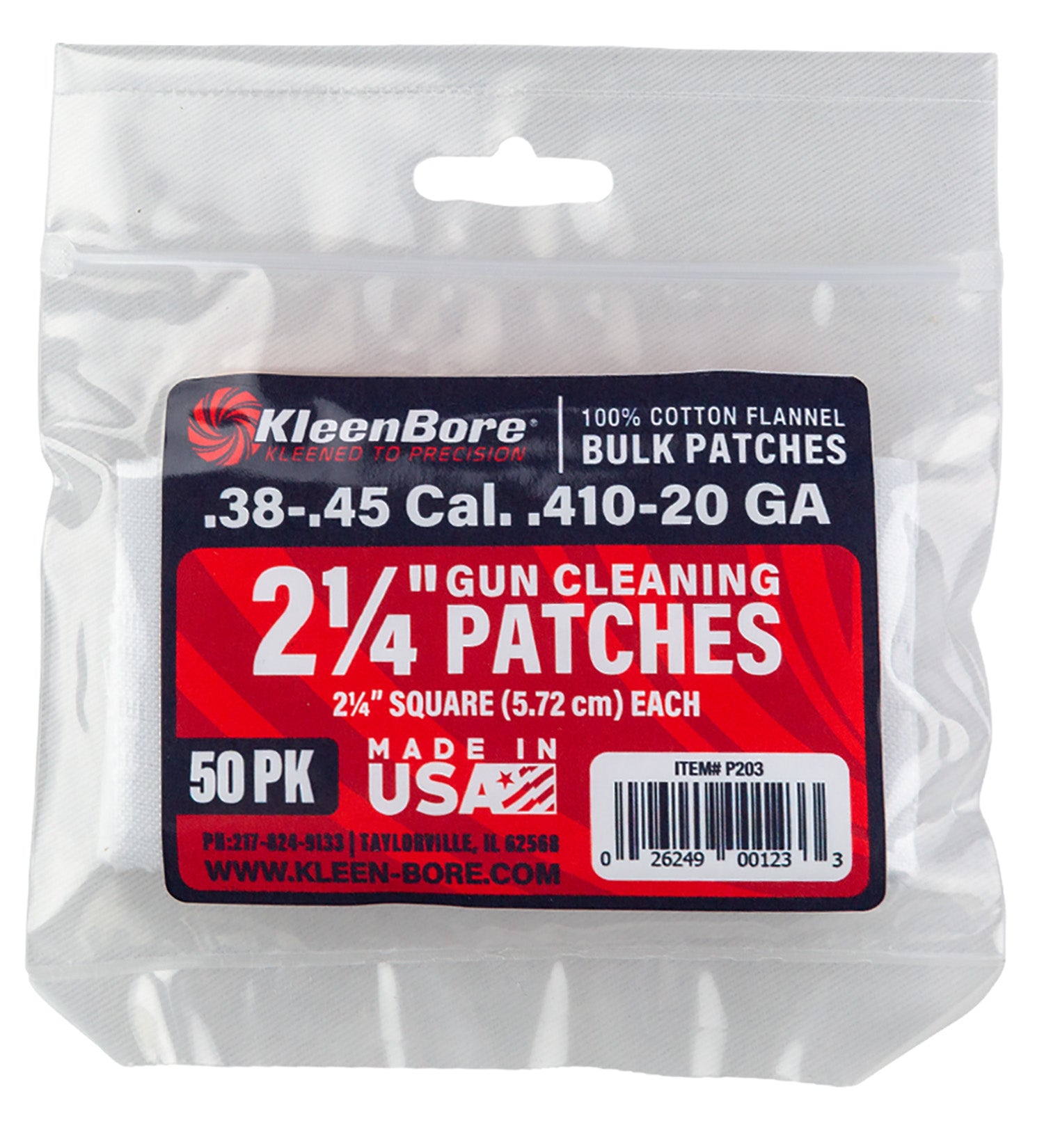 KleenBore P203 Super Shooter Cleaning Patches .38-.45 Cal/.410-20 GA 100% Cotton 50-Pk