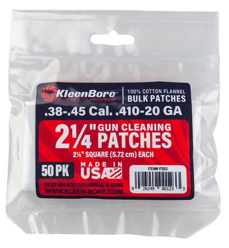 KleenBore P203 Super Shooter Cleaning Patches .38-.45 Cal/.410-20 GA 100% Cotton 50-Pk
