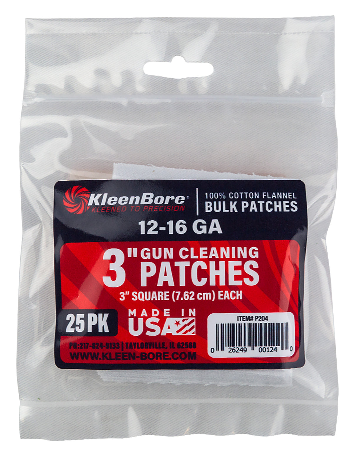 KleenBore P204 Super Shooter Shotgun Patches 12-16 Gauge 3" 100% Cotton Flannel 25-Pk