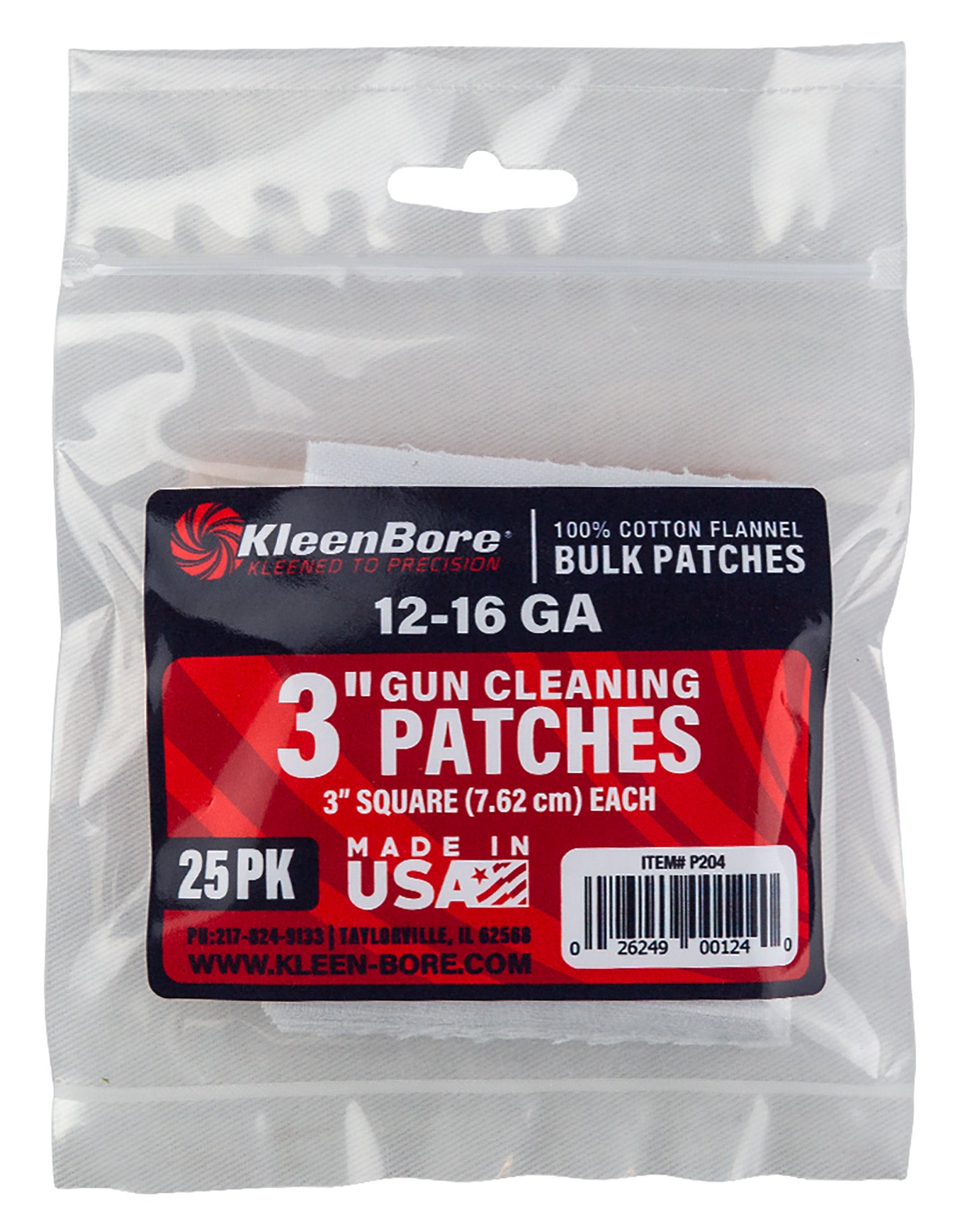 KleenBore P204 Super Shooter Shotgun Patches 12-16 Gauge 3" 100% Cotton Flannel 25-Pk