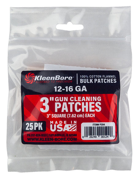 KleenBore P204 Super Shooter Shotgun Patches 12-16 Gauge 3" 100% Cotton Flannel 25-Pk
