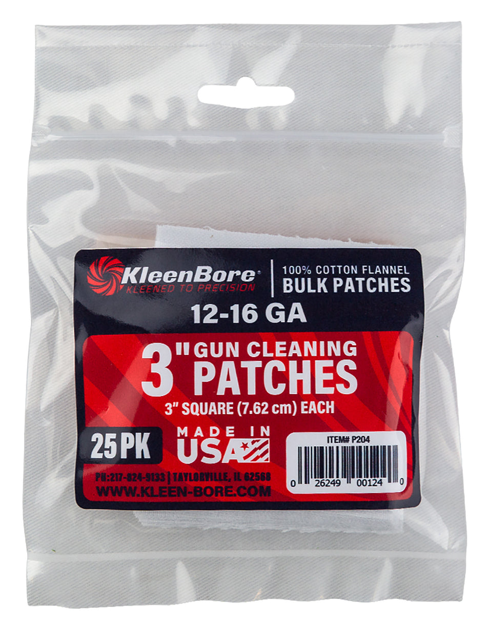 KleenBore P204 Super Shooter Shotgun Patches 12-16 Gauge 3" 100% Cotton Flannel 25-Pk