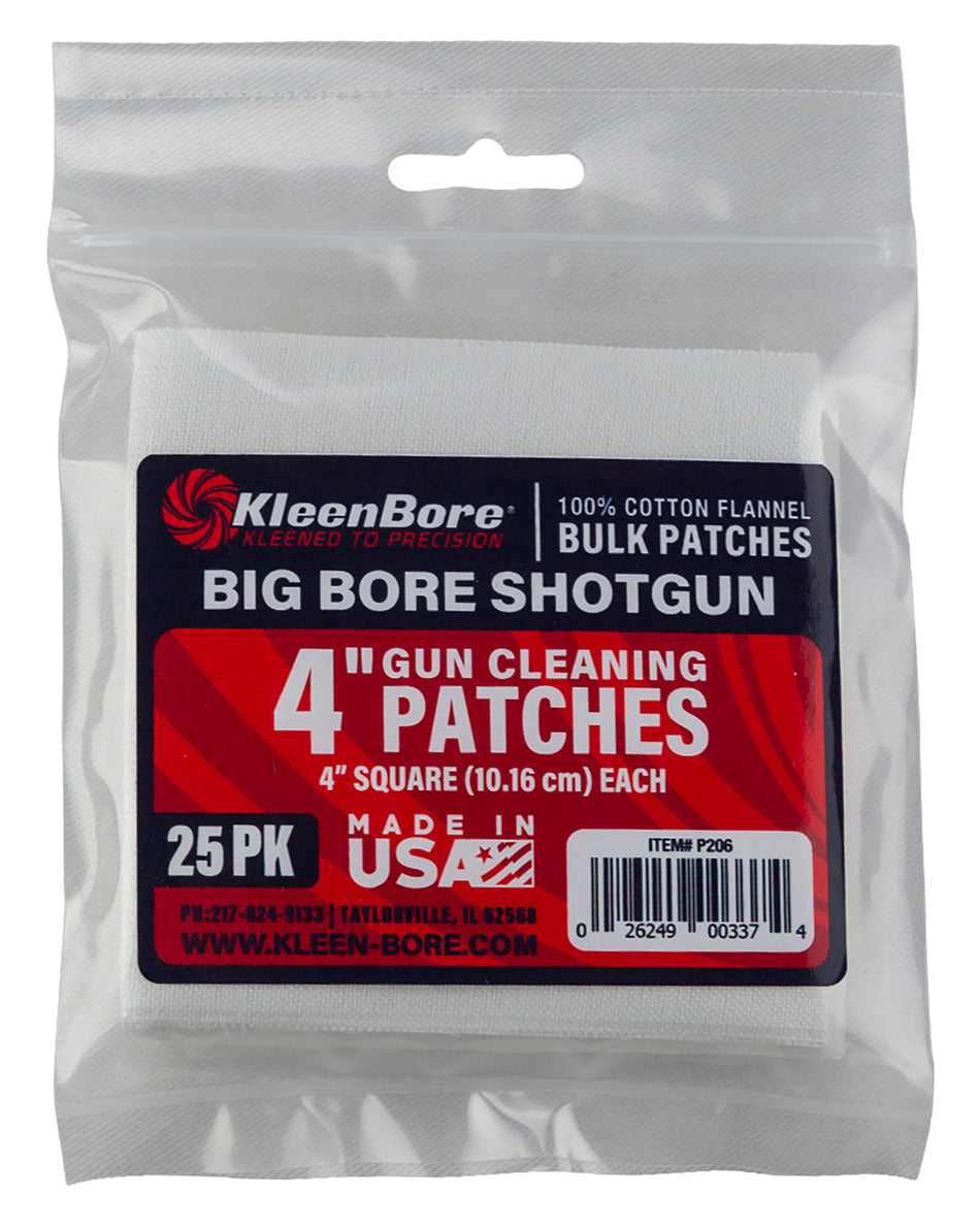 KleenBore P206 Super Shooter Big Bore Shotgun 37/40mm Patches 4" 100% Cotton Flannel 25-Pk
