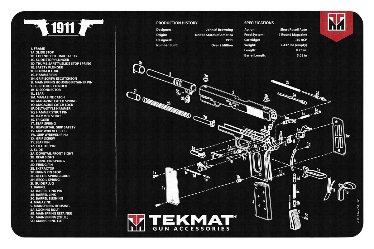 TekMat 1911 Cleaning Mat with Parts Diagram 11"x17" Black/White