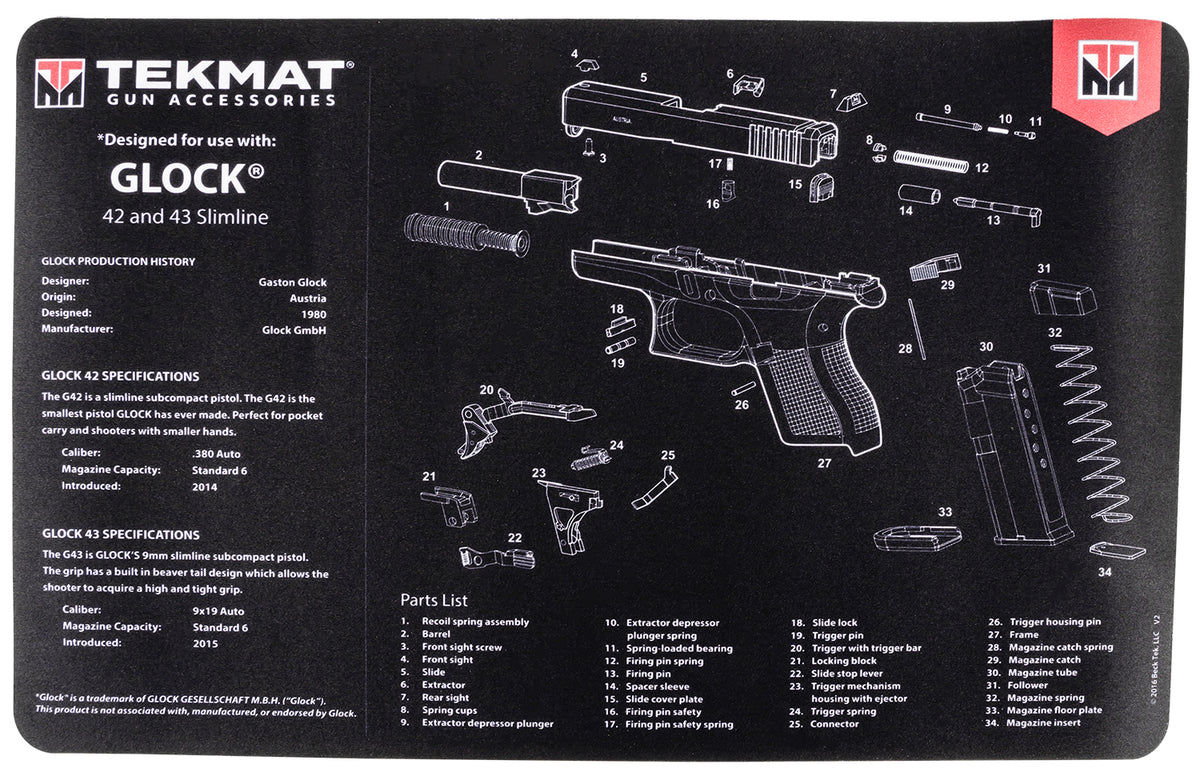 TekMat Glock 42/43 Cleaning Mat with Parts Diagram 11"x17" Black/White