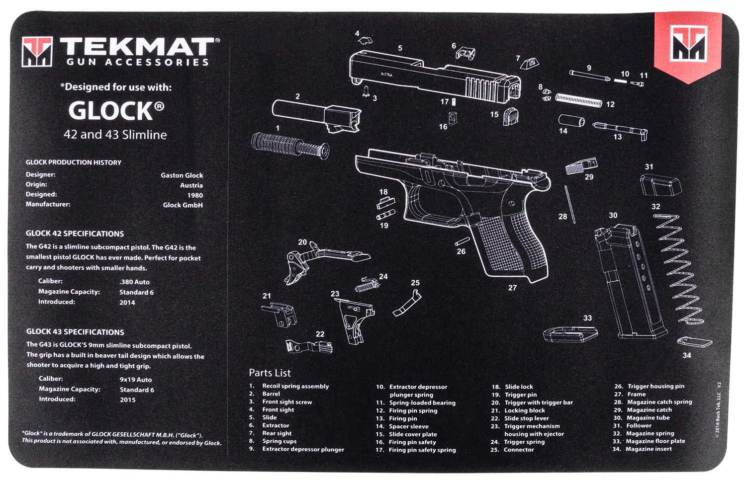 TekMat Glock 42/43 Cleaning Mat with Parts Diagram 11"x17" Black/White