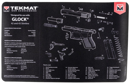 TekMat Glock 42/43 Cleaning Mat with Parts Diagram 11"x17" Black/White