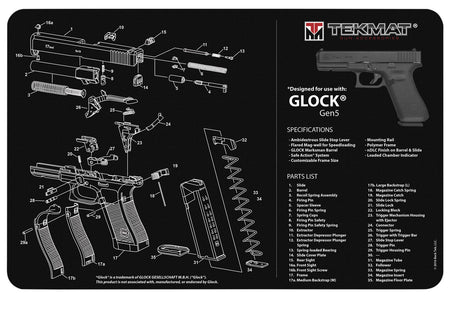TekMat Glock Gen5 Cleaning Mat with Parts Diagram 11"x17" Black/White
