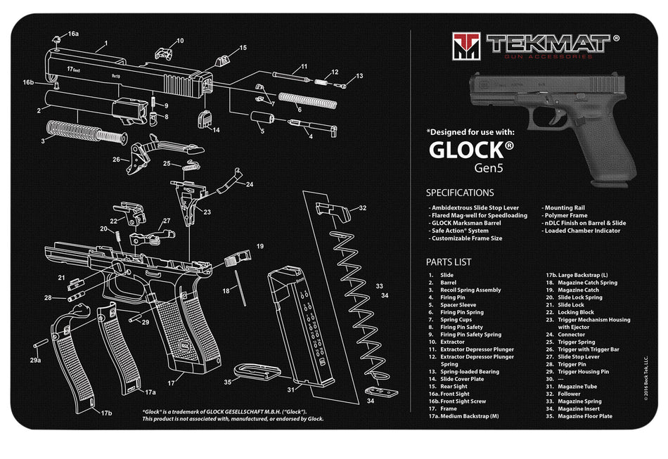 TekMat Glock Gen5 Cleaning Mat with Parts Diagram 11"x17" Black/White