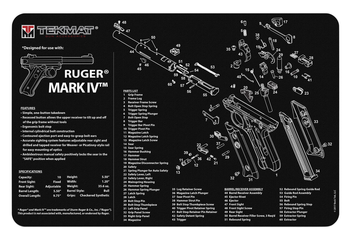 TekMat Ruger Mark IV Cleaning Mat with Parts Diagram 11"x17" Black/White