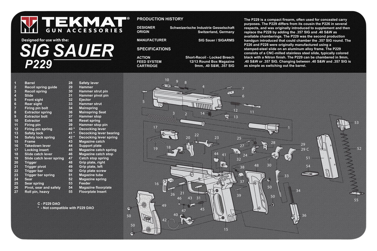 TekMat Sig Sauer P229 Cleaning Mat with Parts Diagram 11"x17" Black/White