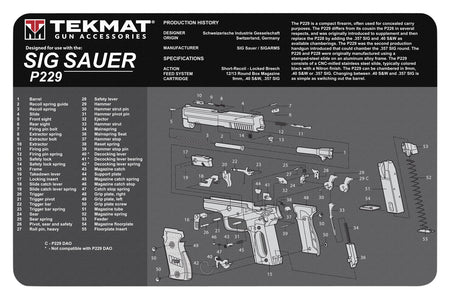 TekMat Sig Sauer P229 Cleaning Mat with Parts Diagram 11"x17" Black/White