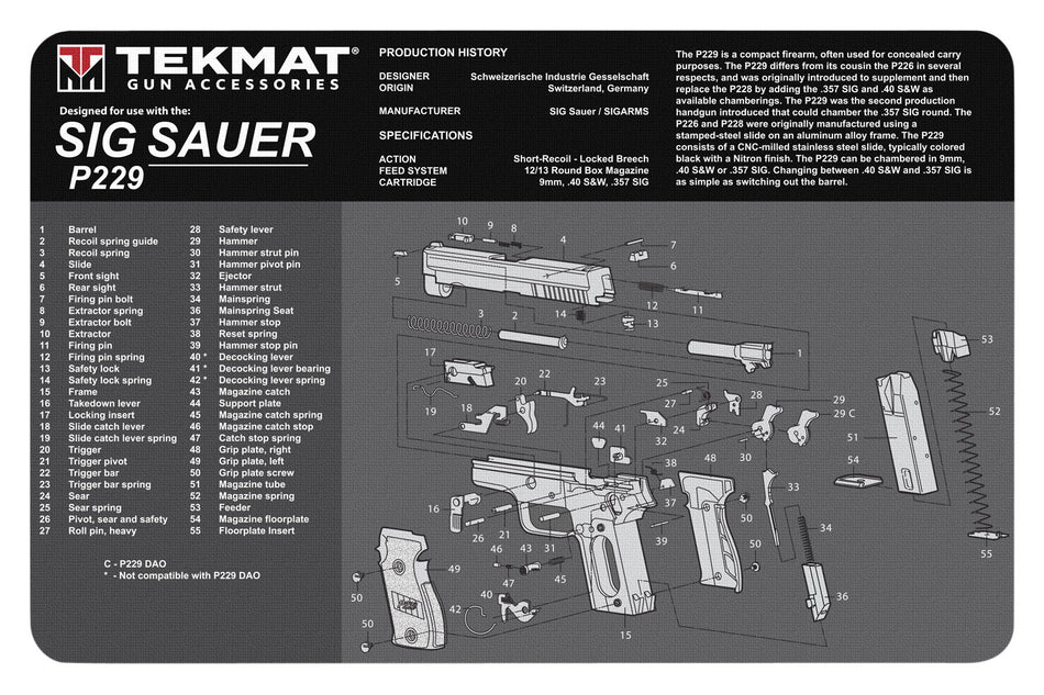 TekMat Sig Sauer P229 Cleaning Mat with Parts Diagram 11"x17" Black/White