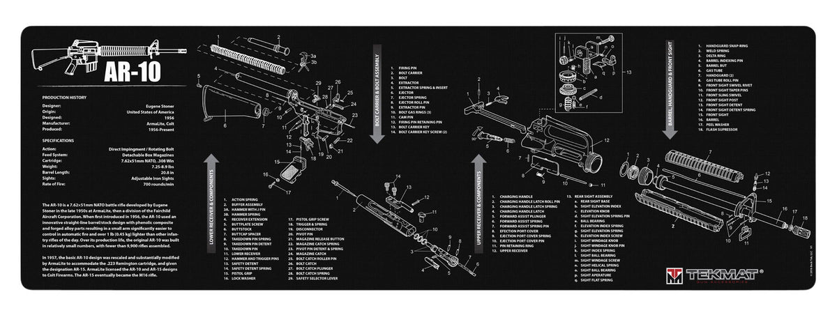 TekMat AR-10 Cleaning Mat with Parts Diagram 12"x36" Black/White