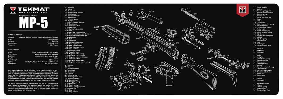TekMat HK MP5 Parts Diagram Cleaning Mat Black and White Rubber 12"x36"