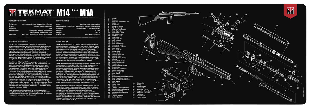TekMat M14/M1A Parts Diagram Cleaning Mat Black and White Rubber 12"x36"