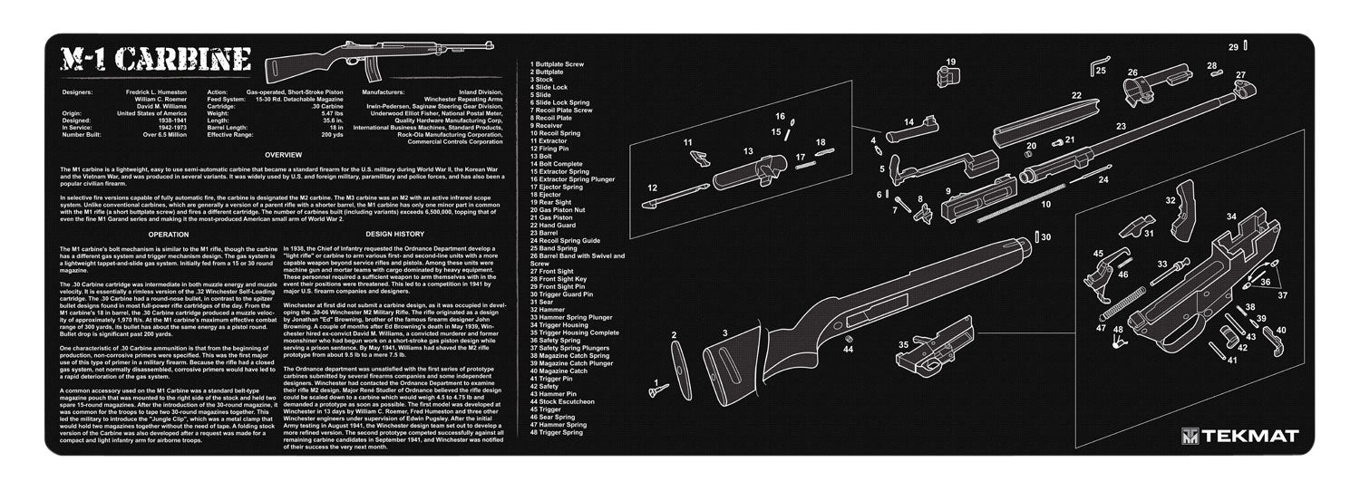 TekMat M1 Carbine Parts Diagram Cleaning Mat Black and White Rubber 12"x36"