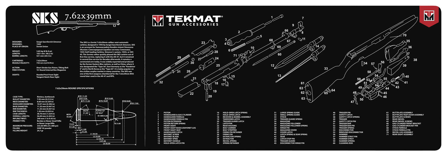 TekMat SKS Parts Diagram Cleaning Mat Black and White Rubber 12"x36"