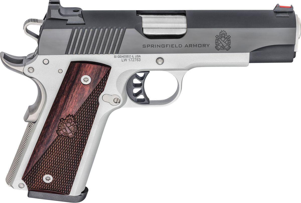 Springfield Armory PX9118L 1911 Ronin 45 ACP 8+1, 4.25" Stainless Match Grade Steel Barrel, Salt Blued Serrated Carbon Steel Slide, Satin Cerakote Aluminum Frame w/Beavertail, Crossed Cannon Wood Grip