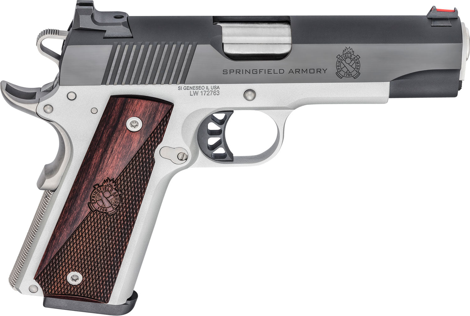 Springfield Armory PX9118L 1911 Ronin 45 ACP 8+1, 4.25" Stainless Match Grade Steel Barrel, Salt Blued Serrated Carbon Steel Slide, Satin Cerakote Aluminum Frame w/Beavertail, Crossed Cannon Wood Grip